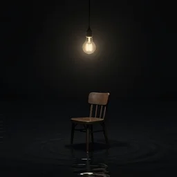 a matte painting of a single chair under a lightbulb, surrounded by black water lake, artstation, surreal, dark space, claustrophobic, liminal space, by rembrandt, chiaroscuro