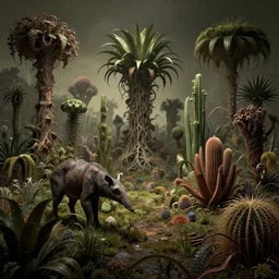 a strange, otherworldly landscape with bizarre plants and animals, digital art, harsh lighting