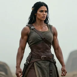 realistic photograph. black hair with bleached streak in hair over left ear. imposingly tall, broadshouldered, jacked muscular woman. half black half arab. dark skin. face like kendall jenner, dark complexion. modest practical medieval ranger clothing. fully dressed. massively jacked physique, swole. in her 3 0's. ranger. female. clothed. streak in hair. built like
