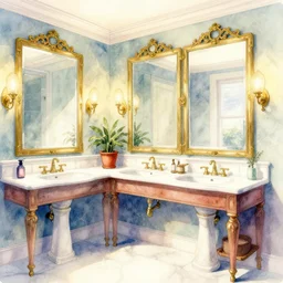 a hiper intricate watercolor of a beatiful bathroom with mirror, extremely detailed, sharp focus, elegant, wide view, smooth, digital illustration, colorfull, by william turner art, by greg rutowski