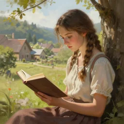 village girl reading a book, highly detailed, digital painting, artstation, concept art, art by artgerm and Johfra Bosschart