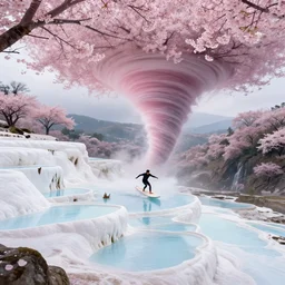 a man surfing in a sakura multiversal tornado appears out of nowhere in waimea canyon, tornado is a gateway to thermal waters flowing down white travertine terraces on building tao zhu yin yuan, otherworldly visuals, visually stunning, divine, scifi, by james jean, ruan jia, ilya kuvshinov, martine johanna, peter mohrbacher