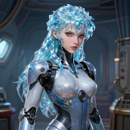 intense demeanor. close portrait. ship interior bg. screenshot of a scene in metroid zero of pretty beautiful lithe cyborg fembot painted by norman rockwell. character designed by hideaki anno. bodysuit. lustrous crystalline hair. digital. lighting by james gurney. trending on artstation. masterpiece. artgerm mucha rutkowski.