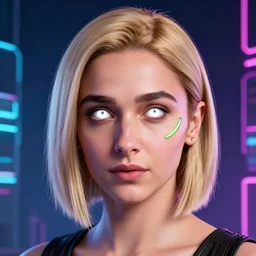 Alia Bhatt, neon face tattoo, cyberpunk background, straight hairstyle, white eyes, blonde hair, realistic render, short hair, unreal engine render, Icaro Carvalho