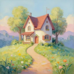 a fairytale house, a path leading to thr house in curve shape, painting art work, very fantastic art, colors very soft and attractive - n 9