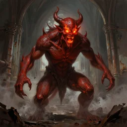 character portrait of a humanoid demonic monster with glowing fire eyes and a glowing mouth doing a henshin pose, matte painting, dramatic lighting, digital painting, concept art, muted colors, red colors, mist floats in the air, moody colors, rusted walls, broken pipes, church cathedral, in the style of frank frazetta