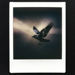 wide angle, dark old polaroid of a ethereal raven bird, being illuminated by few sun rays, black and white