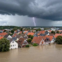 a small german town being flooded with a thunderstorm in the background