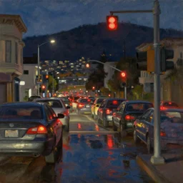 john singer sargent painting of cars waiting for traffic light in san francisco at night, taillights, puddles, reflections, hills, by jeremy mann