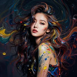 a portrait of a very beautiful kpop goddess, seductive look, with hair radiating swirling paint and impasto by irakli nadar and caravaggio, background is volumetric displacement, paint swirls, no hands, hyperreal, dark, dramatic lighting, analogous complementary colour scheme
