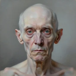 a close up portrait a very ordinary very skinny old man with a sinister devilish expression, by joel peter witkin and hieronymus bosch and annie liebovit, very pale skin, very blurry, translucent white skin, foggy, oil painting, photorealistic, anatomically correct, beautiful perfect face, visible brushstrokes, sharp focus, highly detailed, cinematic lighting, 8 k, hd