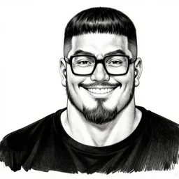 highly detailed ink illustration of a buff smiling man with long stubble, muscular neck, rectangular square shaped glasses and a black bowl cut, wearing a black tshirt, b & w clean shaped illustration by kim jung gi, ric estrada, ron english and eiichiro oda