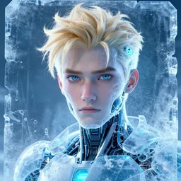 man portrait made out of ice, beautiful, cyborg, comic book art, blond hair, neon, highly detailed