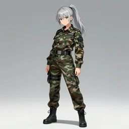 girl, silver hair (ponytail), multicam camo, posing, (trending on artstation), beautiful face, cinematic full body shot, ilustration by Takehiko Inoue (((and Yoann Lossel)))