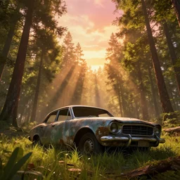 epic sky, vivid, warm lighting, an abandoned old car in the woods, volumetric, grass, low angle, trending on artstation, huge scene, art greg rutkowski, godrays, high detail, detailed, by jordan grimmer, beautiful, cinematic view, concept art