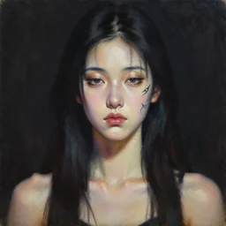 hyperrealism oil painting, portrait fashion model with tattoo on face, sad eyes, dark background, in style of classicism mixed with 8 0 s japanese sci - fi books art