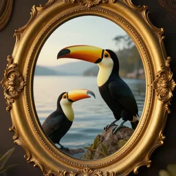 lake and toucan inside an intricate oval golden mirror, mirror image, cinematic, filmic, wildlife photography, x - ray, ray tracing reflections, insanely detailed and intricate, hypermaximalist, elegant, ornate, hyper realistic, super detailed, golden hour