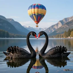 photo of two black swans touching heads in a beautiful reflective mountain lake, a colorful hot air balloon is flying above reflecting off water, hot air balloon, intricate, 8k highly professionally detailed, centered, HDR, CGsociety