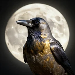 close up portrait, crow in front of the full big moon, fantasy digital art, high definition, 8k, high details, high quality, golden and silver colors