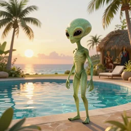 an Alien, golden hour, next to a tropical pool, artstation, by J. C. Leyendecker and Peter Paul Rubens, - 12p
