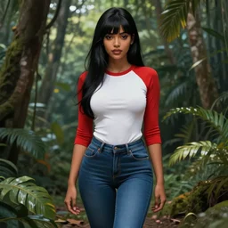 digital painting dark skin anime girl using tight white and red raglan sleeve, tight blue jeans and cool shoes, silky long black hair with bangs in a tropical forest