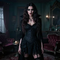 padma lakshmi as a vampire in emo clothing, dark apartment, gothic