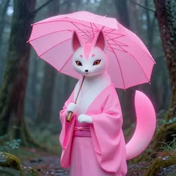 photo of kitsune, very detailed, neon, pink, japan, forest, rain, umbrella, ultra, fashion