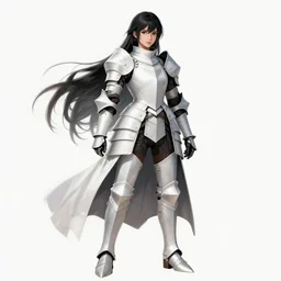 detailed, sharp, full body portrait of a black-haired fantasy female crusader in white armor, trending on artstation, anime arts, featured on Pixiv, HD, 8K, highly detailed, good lighting, beautiful, epic, masterpiece, in the style of Ilya Kuvshinov and Greg Rutkowski