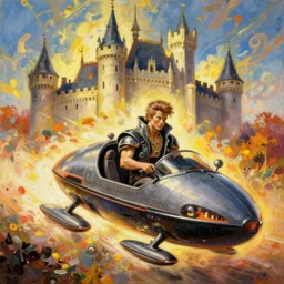 cyberpunk king man with hovercraft at a castle in autumn. painting by limbourg brothers, moebius