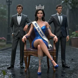 3 d unreal engine octane render of miss of the world sitting on the chair in the rain by vincent di fate and by leonid afremov