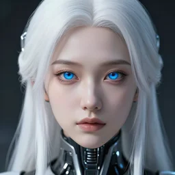 detailed portrait of perfect white haired girl, android, beautiful, pretty face, blue cyborg eyes, innocent, scifi, 4 k, sun yunjoo, ultra realistic, highlights, cinematic lighting, introverted, highly detailed, sharp focus, artstation, masterpiece, art by hyungjin yang and akihiko yoshida