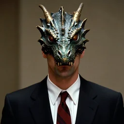 Man with a dragon head wearing a suit, still from the American Psycho (2000), cinematic, 4K Bluray