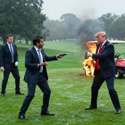 dinesh d'souza is being feasted on by zombie donald trump and cyborg ivanka trunk. on a golf course in pouring rain and hail. foxnews television coverage. eric trump jr. uses a taser on himself in protest near scene. heavy rain. golf cart engulfed in flames. film grain, professional film, duffer brothers production