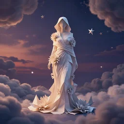 background edge of space with puffy clouds are dusk, anthropomorphic paper woman wrapped in a flowing couture tissue paper, paper chrysanthemums, many origami stars, eery light, 3 d, very detailed, octane render, trending artstation, trending cgisociety, artgem