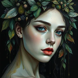 a portrait of beautiful girl by irakli nadar with intricate detailed color smashing fluid oil paint and acrylic, moss and leaves headdress, desaturated, melting wax, mycelia, abstract impressionism, ruan jia, dark fantasy, hyper detailed, concept art, by gustav klimt, by sue bryce, moody lighting, black background