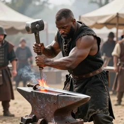 a muscular dwarf blacksmith, wearing blacksmith clothing!!!!!!!, swinging hammer down forging a sword on an iron anvil, cinematic, epic, medieval, renaissance festival, realistic, by greg rutkowski, craig mullins, jeff easley, archvillain, titanforge, blizzard, hearthstone, mtg, wotc