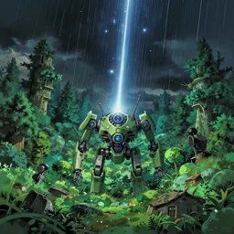 green themed mechanical forest landscape, meteor shower, epic, miyazaki style, cinematic, indie, highly detailed, featured on artstation, highly detailed, abstract
