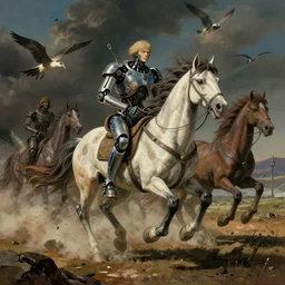 carnivorous cyborg horses galloping across a blasted plain. c. leyendecker, simon stalenhag, studio ghibli, barlowe, audobon and beksinski
