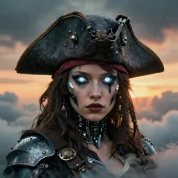 symmetry! middle closeup of a biblical diabolical pirate girl! stylish cyborg mimick armor, heavy eyes to the side, closeup, bright glowing eyes, in clouds, rain, sunset, portrait, by gerald brom, by mikhail vrubel, by peter elson, muted colors, extreme detail, mirrors, trending on artstation, 8 k
