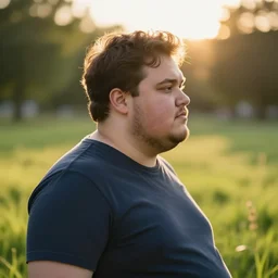 photorealistic dating profile picture of a slightly lethal obese software developer, outdoor, golden hour, spectacular back lighting, grass, leica, bokeh