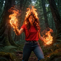 magical astonishing dark forest is protected by an indigenous girl with a red-sleeved T-shirt using jeans, her hair glows on fire as she protects the forest with her fire powers, and her eyes are pure fire. trending on artstation, splash art hyper-detailed, 4K