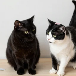 one black cat and one black and white cat with stickers on their ears, trying to take the stickers off their ears