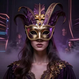 centered portrait of a beautiful woman wearing a venetian mask, intricate concept art, ethereal, highly detailed, artstation, smooth, cinematic, mist, dramatic lighting, darksynth, illuminated neon lines, outrun, vaporware, plum and gold, 8 k, by ruan jia and ilya kuvshinov and liam wong and alphonse mucha