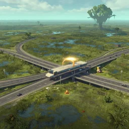 A highway interchange above a megamall entrance in a desolate swamp, portal 2 screenshot, satisfactory screenshot, outer wilds screenshot, digital art, artstationhq, Jordan Grimmer and Victor Mosquera