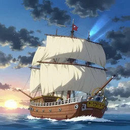 one piece ship sailing, stormy sky, sun sunset, with blue light piercing through clouds, makoto shinkai, royal blue colors, lighting refraction, volumetric lighting, pixiv art, highly detailed, anime art, symmetrical, wlop, anime art