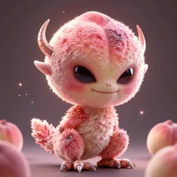 an alien with a face that looks like a fuzzy peach the peach is fuzzy pink warm and ripe the alien has horns and a mean smile the alien has chicken feet cruel smile, 4k, highly detailed, high quality, amazing, high particle effects, glowing, majestic, soft lighting