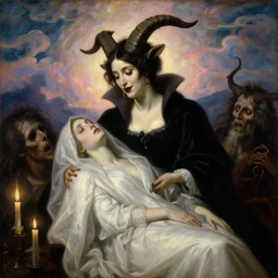a renaissance oil painting by Alma Tadema of Demonic beautiful vampire woman mistress of death mourning widow among the souls of the damned, goat horns, faint smile dark lipstick, earrings, dark lit candles, cloudy heaven hell, colourful pastel trending artstation, detailed portrait academic Bouguereau caravaggio high shadow contrast, sharp focus medium shot