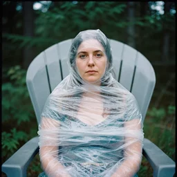 a color photograph, closeup portrait of a woman wrapped in plastic, sitting in a plastic throne, in acadia national park in maine, color photograph, by vincent desiderio, canon eos c 3 0 0, ƒ 1. 8, 3 5 mm, 8 k, medium - format print