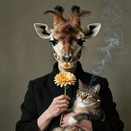 photographic portrait max ernst sad woman giraffe feathers face, holding a flower and a cat, cigarette smoke, editorial