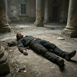 lying down in forgotten palace, trespasser, realistic picture, 4 k full hd pro photo